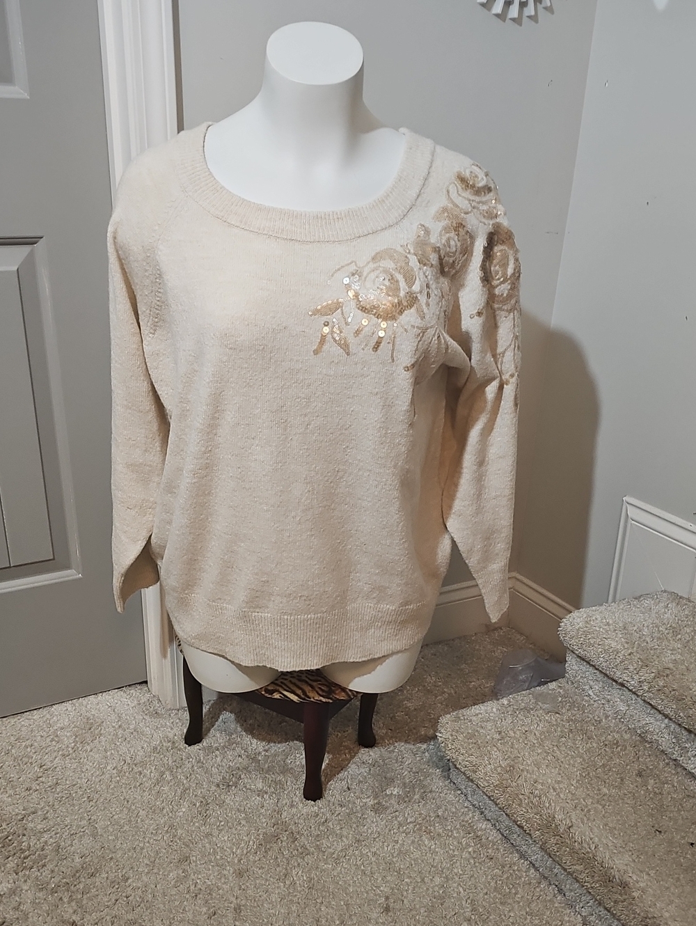 Cato Cream Sequin Floral Crewneck Sweater